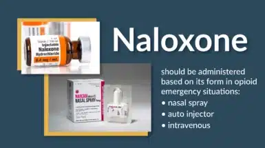 Images of two forms of Naloxone. Text explains Naloxone should be administered in cases of an opioid overdose emergency